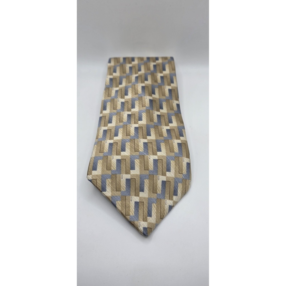 Stafford Men's 100% Silk Tie Gold Blue Geometric Abstract Block Pattern